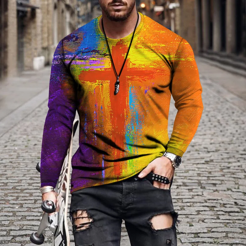 

Vintage Cross Print Spring Autumn Casual T Shirts Men Long Sleeve Loose Pullover Tops Fashion O-Neck Tees Tops Shirt Streetwear