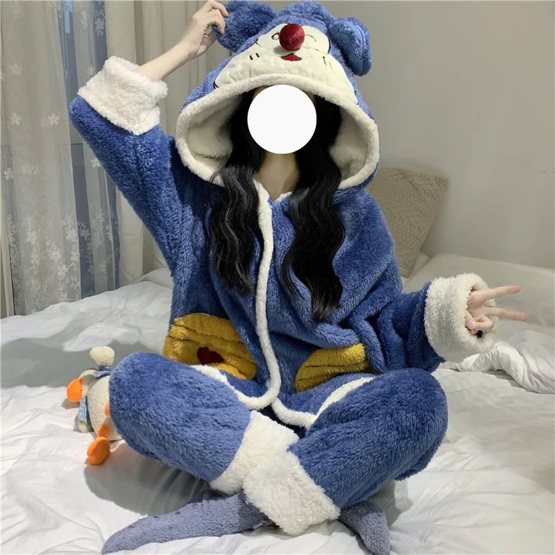 

2020 New Autumn and Winter Cute Cartoon Flannel Outer Wear Warm Pajamas Two-piece Casual Home Service Suit Women Sleep Clothes