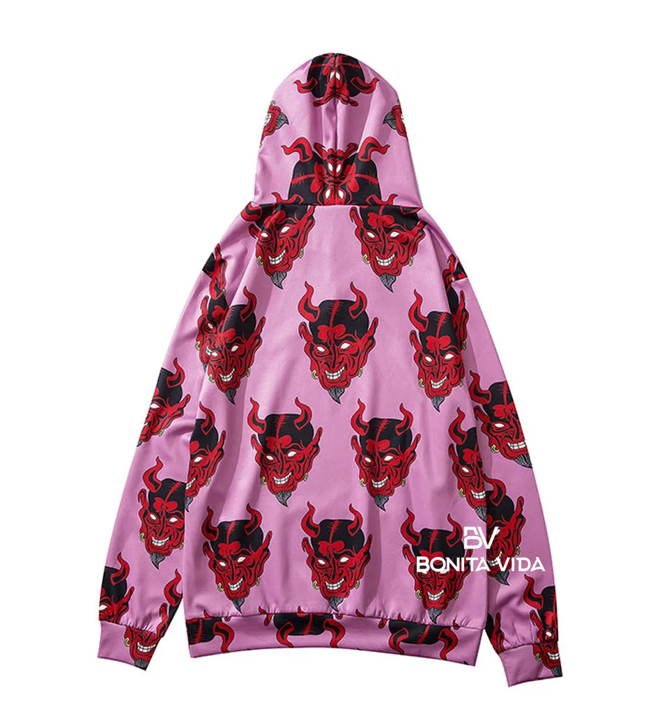 Bonita Vida Devil напечатаны хип-хоп толстовки для мужчин мода уличная Harajuku японский Ukiyo E Гавайский фиолетовый Свитшот