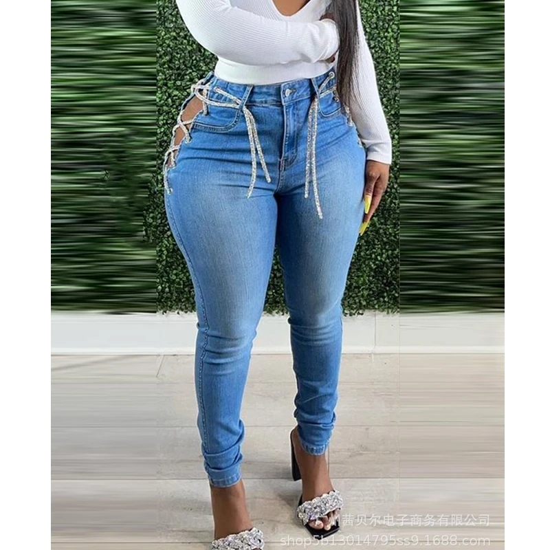 

WEPBEL Solid Color Slim Jeans Women's Casual Bandage Jeans Summer Button High Waist Lace-up Hollow Out Denim Pencil Pants
