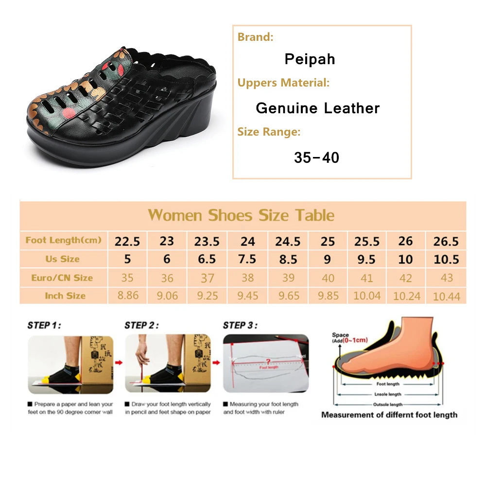 

PEIPAH Women's Wedges Platfrom Genuine Leather Shoes Woman Hollow Out Print Slippers Female Summer Outside Slides Ladies Shoes