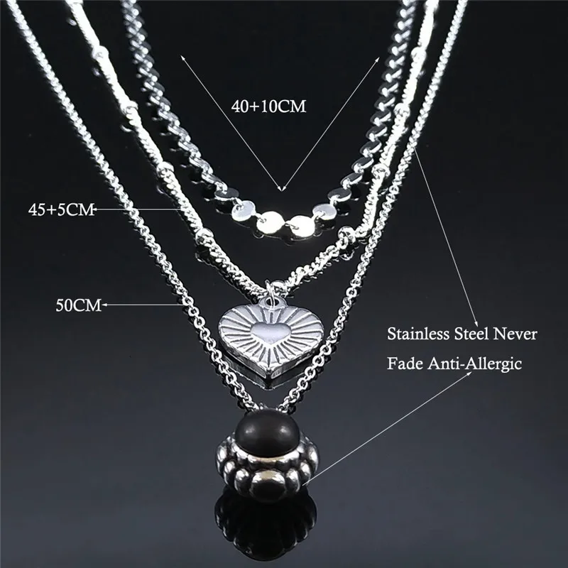

3pcs Gothic StainlessSteel Black Stone Layered Necklaces Women Heart Charm Necklace Jewelry acier inoxydable bijouxNXS02