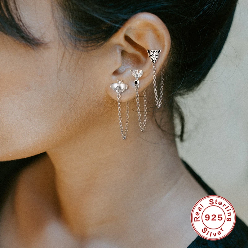 Серьги-гвоздики Plata De Ley женские цепочка с пчелами леопардом месяцем звездой