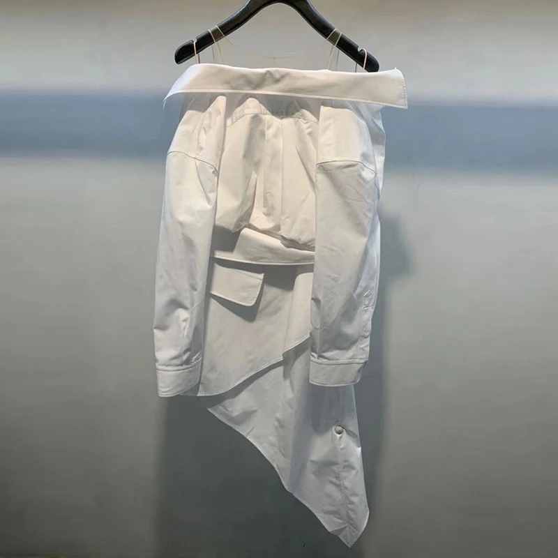 

VERDEJULIAY Runway Fashion White Blouse High Quality Designer Long Sleeve V-Neck Ruffles Irregular Casual Bouse