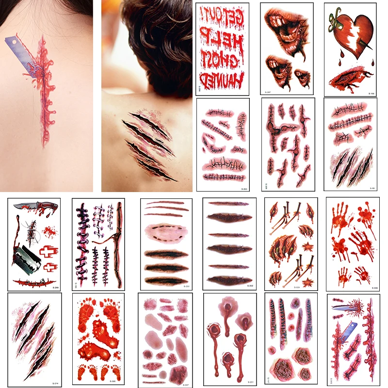 12 шт. Временные татуировки на Хэллоуин наклейки ужасов реалистичных РАН сшитые