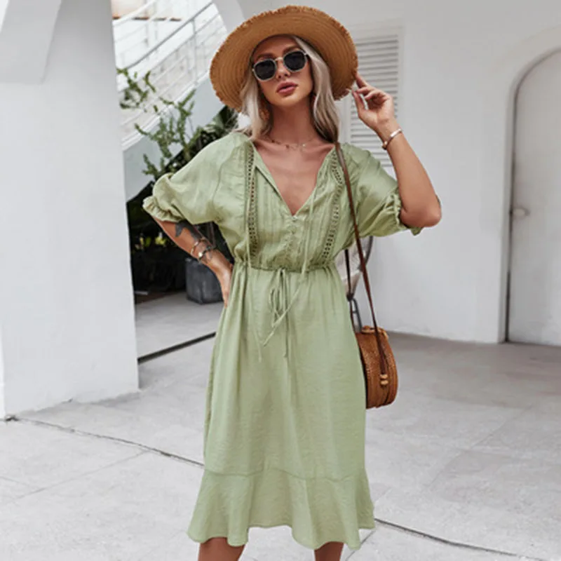 

Chiffon Solid Color V-neck Ladies Dress Hedging High Waist Five-point Sleeves Regular Sleeves Light Mature Style A-line Skirt T5