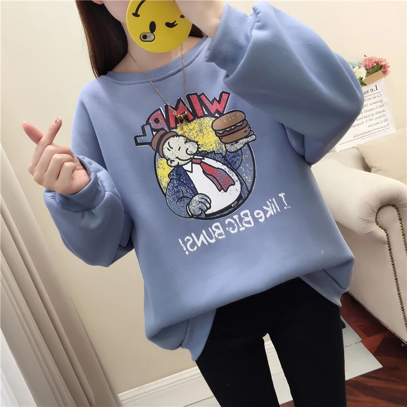 

Hoodies Women Cartoon Printed O-Neck Pullover Winter Thickening Loose 2XL Korean Simple Females Fashion Harajuku Kpop Sweatshirt