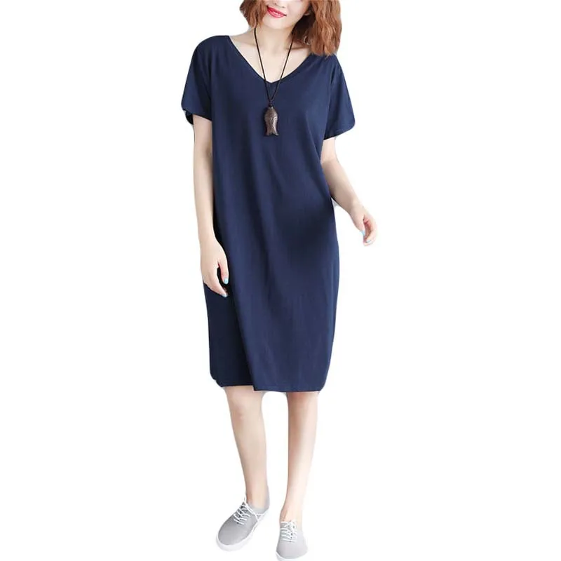 

New Women Casual Basic Summer Dress V-neck Loose Backless Short sleeve Plus Size XL~4XL