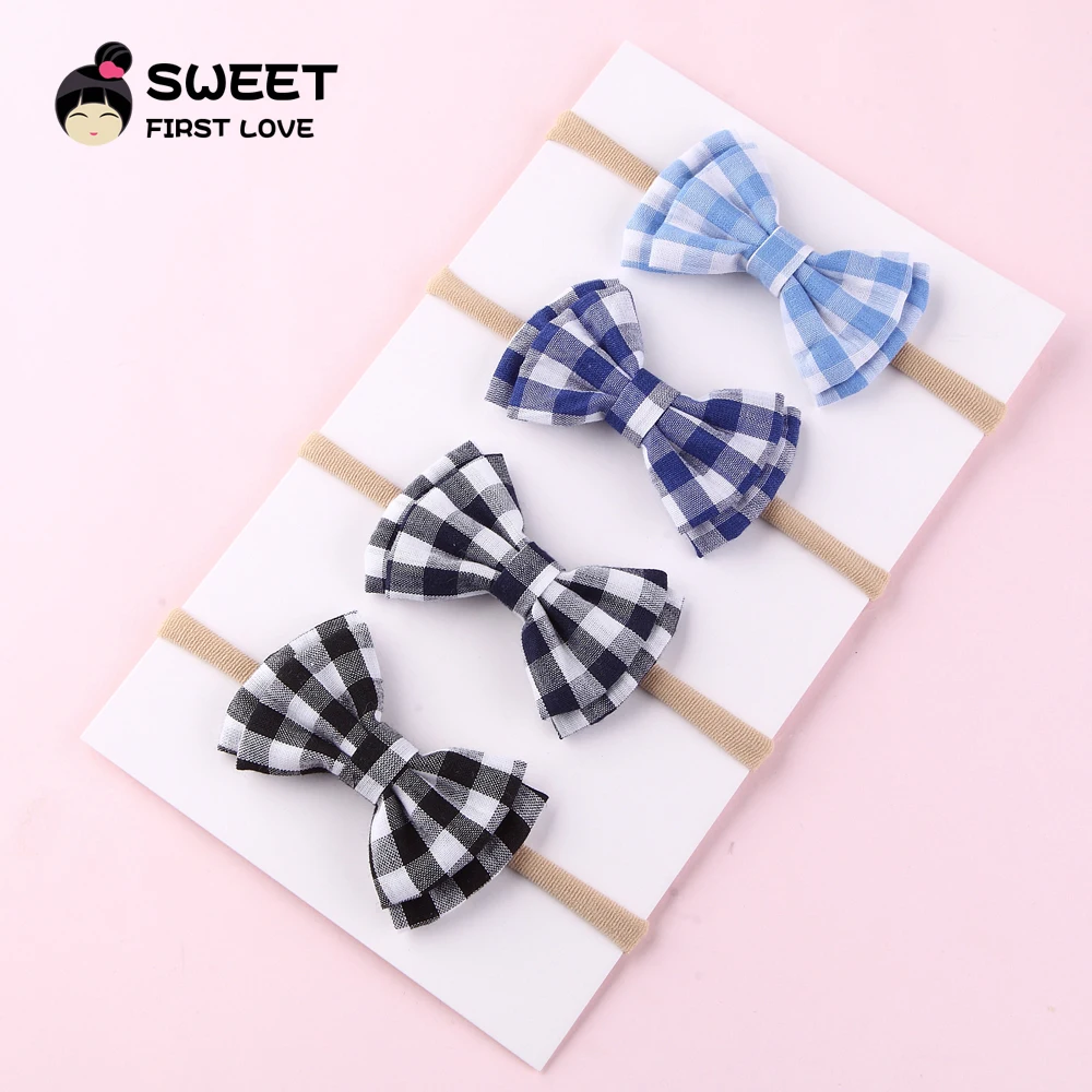 Нейлоновая повязка на голову с тканевым клетчатым бантом для маленьких девочек
