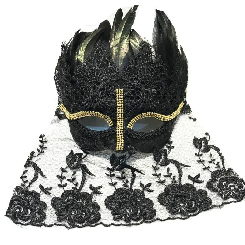 Buy H3325 Women Face Mask Venetian Costumes Carnival Black Feather Accessories Ladies Halloween Graduation Party Ball White Masks on