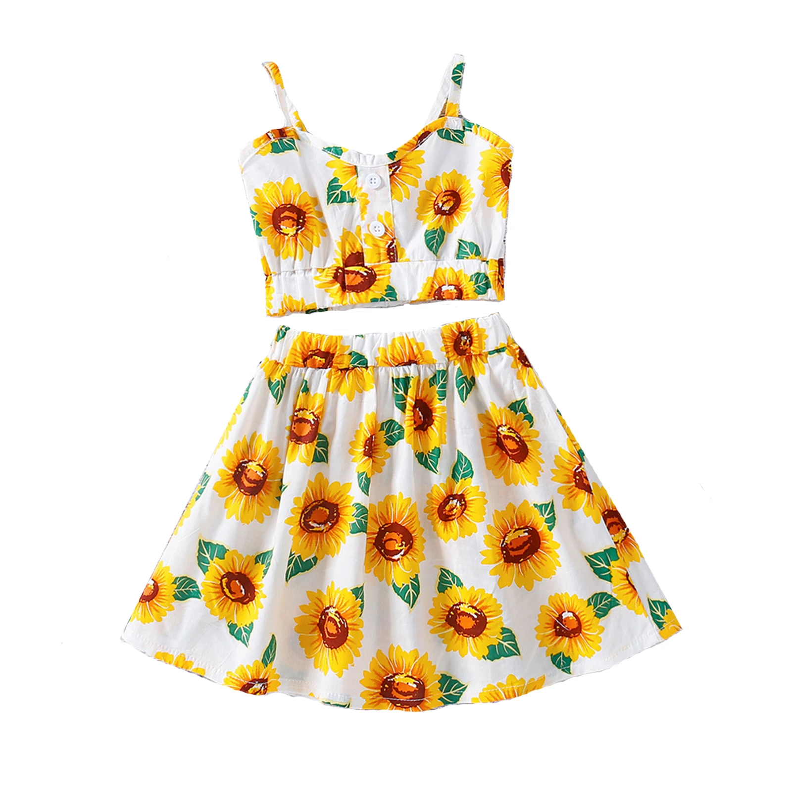 

Girl's Clothing Set Sunflower Print Sleeveless Sling Tops and Skirt 2PC Suit for Vacation Birthday Party 0-6Y