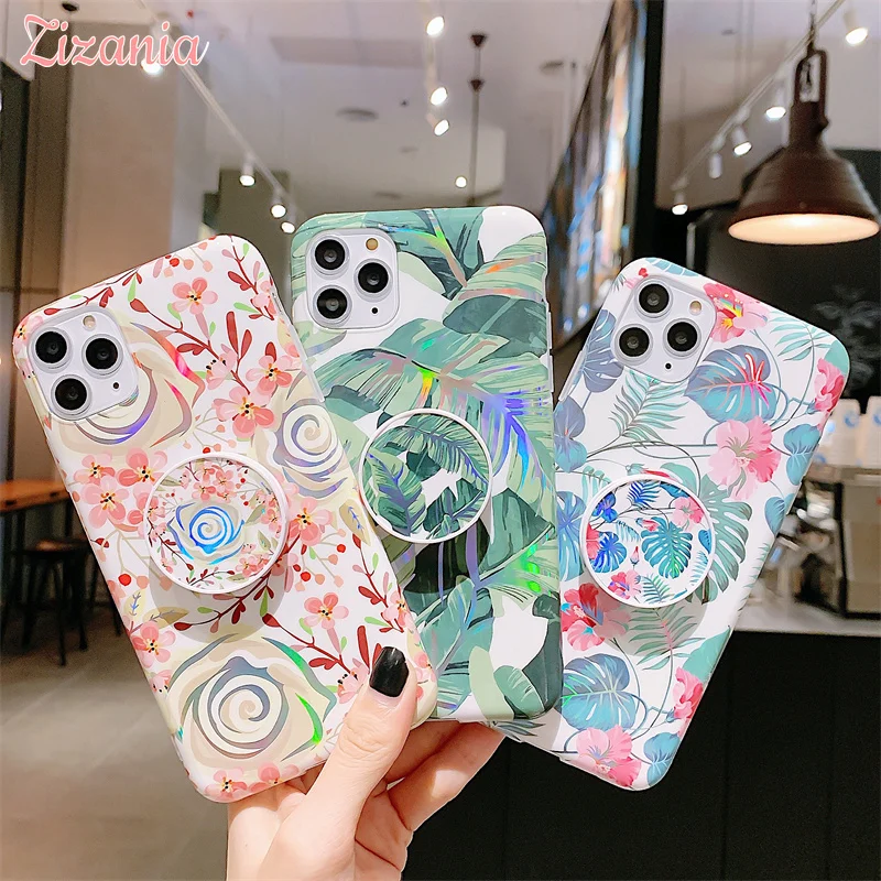 

Fashion Thin Laser Flower Folding Bracket Case For iPhone 13 12 Mini 11 Pro XS Max X XR 7 8 6S 6 Plus SE 2020 Cover Girls Ins