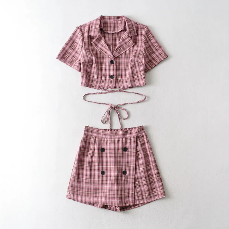 

Summer Women Two Pieces Set Turn Down Collar Single Breasted Short Sleeve Lace Up Plaid Shirts Elastic Waist Shorts Skirts Suits