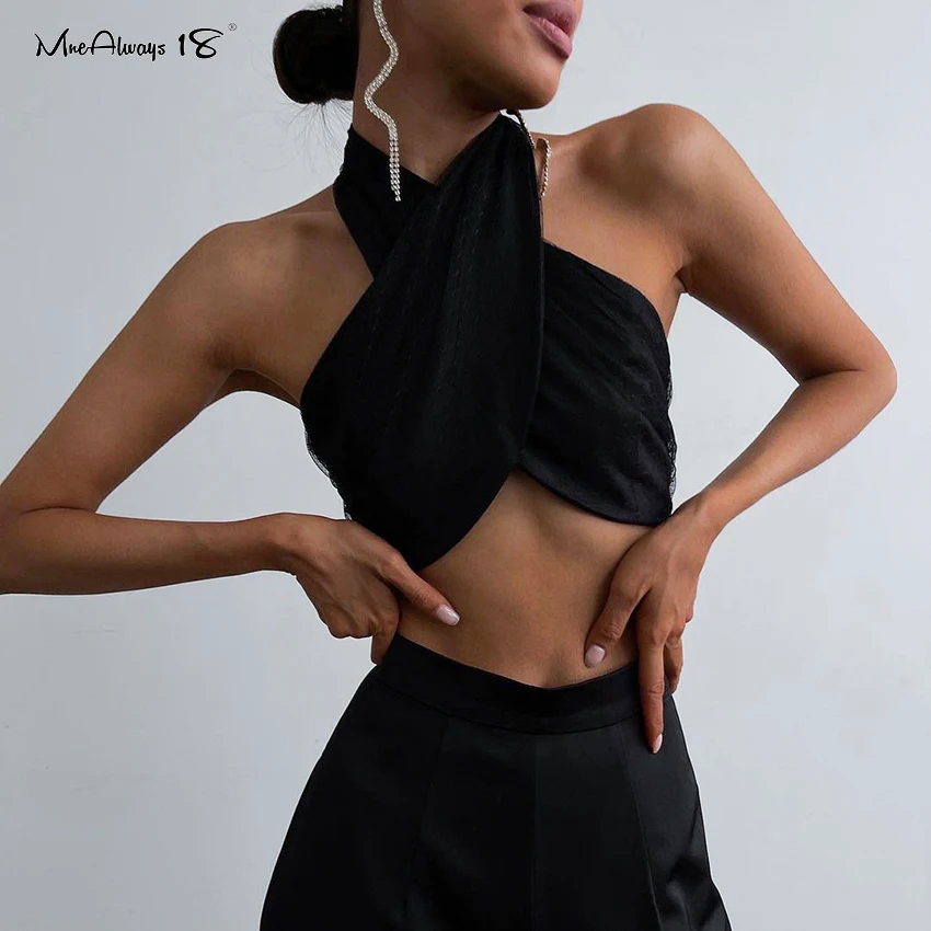 

Mnealways18 Fashion Cross Sexy Women Tank Tops Black Cropped Sleeveless Halter Camis Summer 2022 Vacation Female Strappy Tops