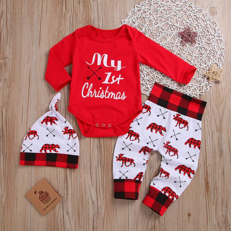 Lovely Baby Boy My First Christmas Letter Romper Kids T-Shirts Pant Newborn Hat Outfits Girl Xmas Set Autumn Clothing 2PCS Sets