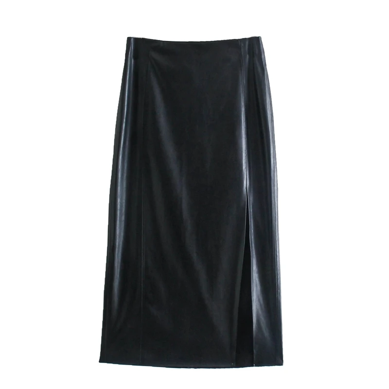 

Casual Autumn Black Pu Leather Skirt High Waist Faux Leather Split Straight Skirt Office Lady