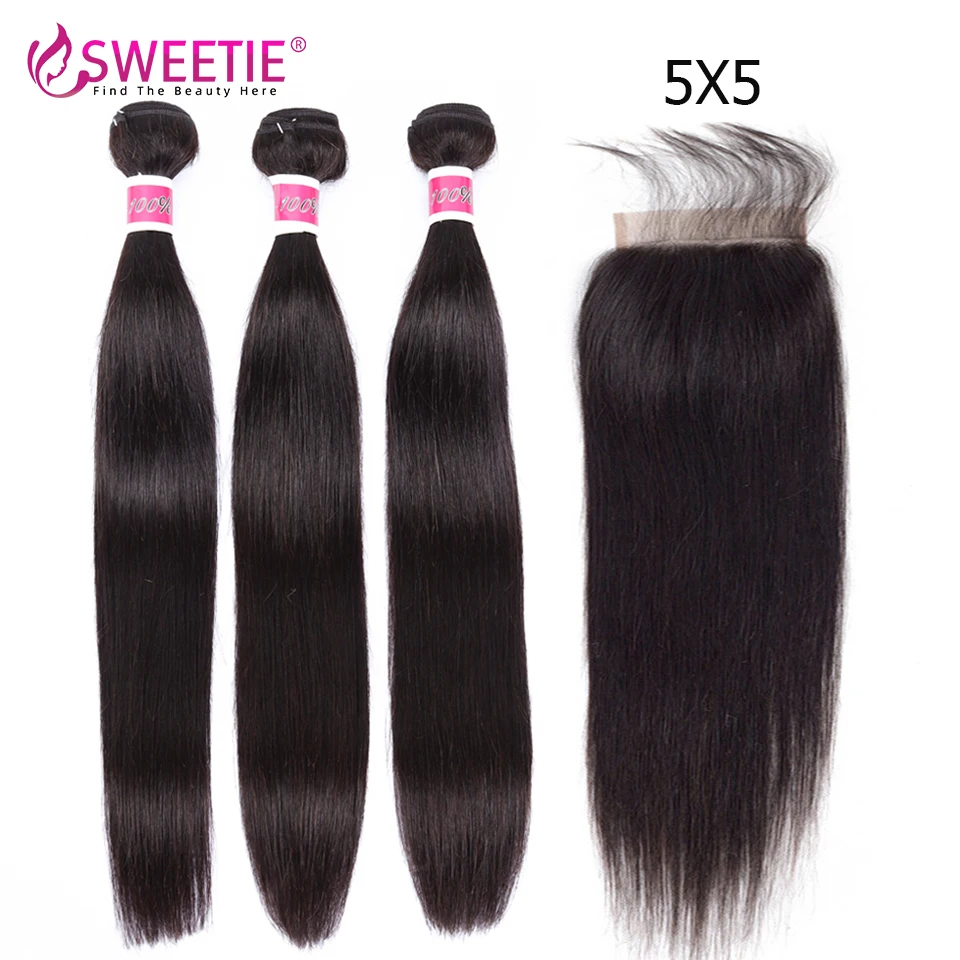 Sweetie 5X5 Transparent Lace Closure With Bundles 30in Brazilian Straight 3/ 4 Hair Bundles With Closure Remy 100% Human Hair