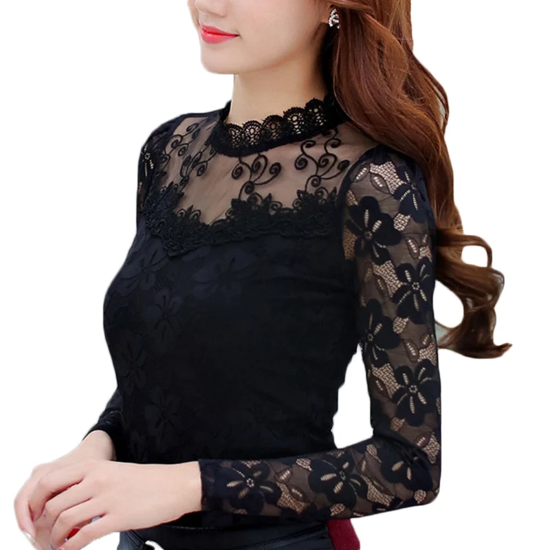 Femininas Blusas, женские блузки, весна-осень, модные сексуальные облегающие Рубашки, Топы, кружевные, с длинным рукавом, с круглым вырезом, для отдыха, черные/белые S-5XL - Цвет: Black