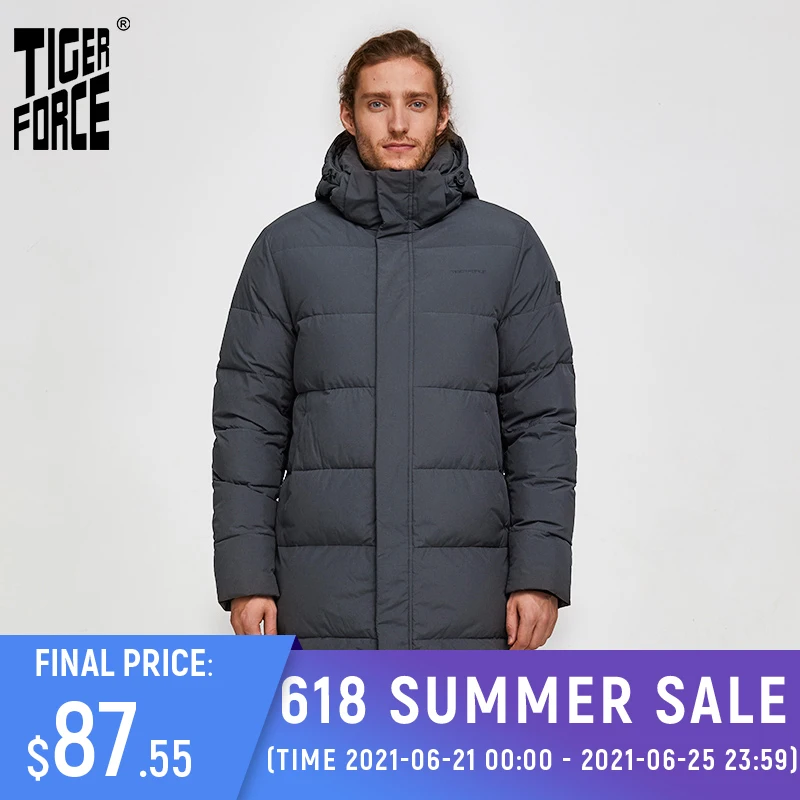 Мужской длинный пуховик Tiger Force куртка на белом утином пуху с капюшоном