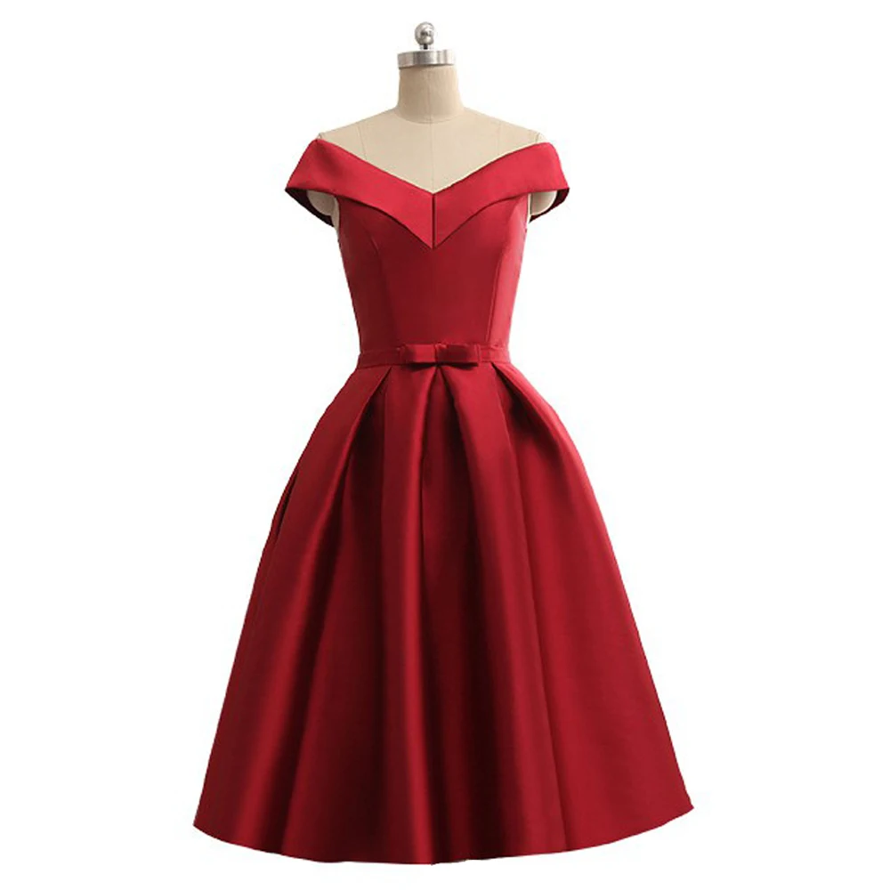 Атласное платье подружки невесты красное ТРАПЕЦИЕВИДНОЕ с V-образным вырезом |