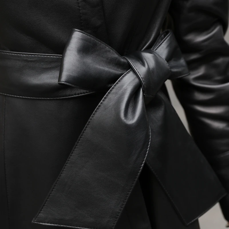 Женская Осенняя куртка из натуральной овечьей кожи длинный тонкий пояс Тренч