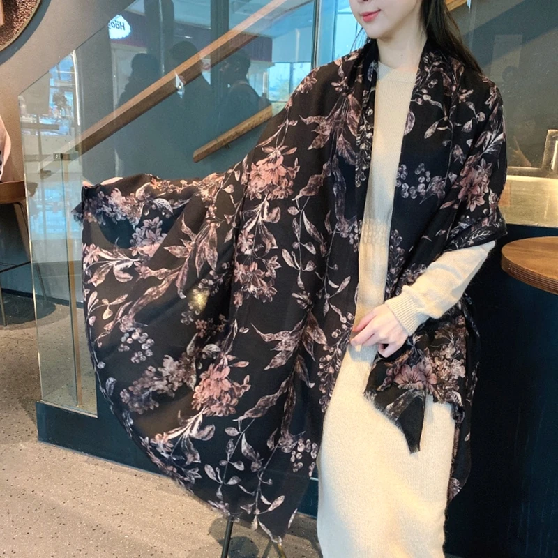

Floral Print 100% Cashmere Scarf Wraps Women Winter Pashmina Shawl Foulard 200*100cm