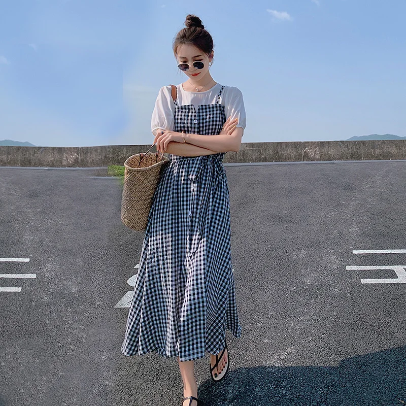 

Plaid Dress summer vacation two new loose and thin 2021 student's little fresh goddess model suspender dress