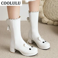coolulu 2021 pink lolita bow tie ankle boots for women block heel mid calf boots platform pink boots for ladies sweet shoes