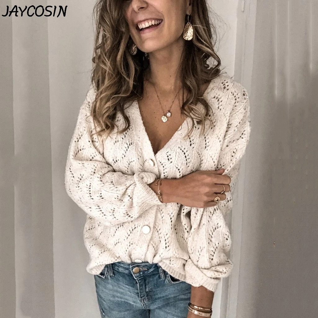 JAYCOSIN, женские свитера, одноцветные, выдалбливают, вязанные пуговицы, v-образный вырез, длинный рукав, кашемировый кардиган, свитер, Осень-зима, свитер, пальто