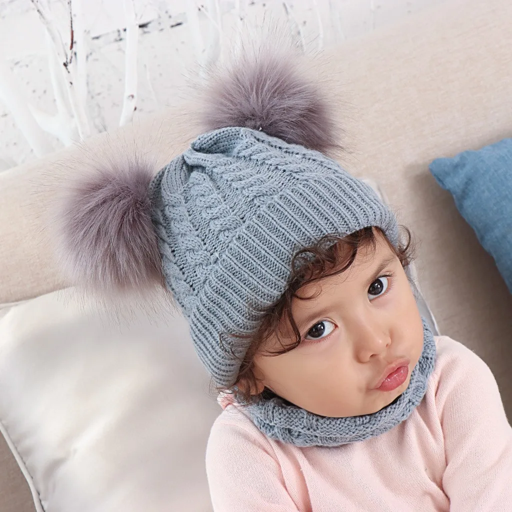 Модные зимние тёплые вязаные шапки для маленьких детей двойные шерстяные с