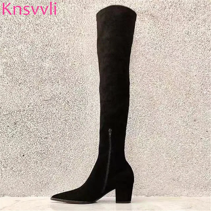 Новинка Черные Сапоги выше колена из флока женские пикантные высокие сапоги с