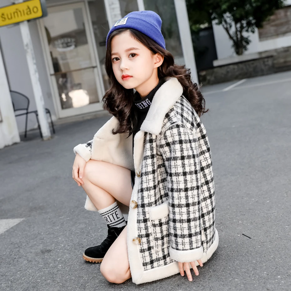 Плотное пальто для девочек шерстяное в клетку детская верхняя одежда из плюша