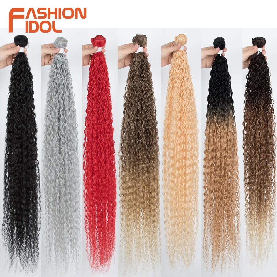 FASHION IDOL Kinky Curly Ponytail Hair Bundles 34 Inch 100g Soft Long Synthetic Hair Weave Ombre Brown Blonde Hair Extensions