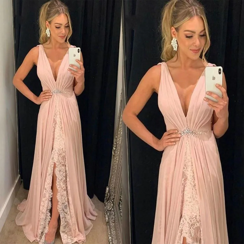 

Lace Chiffon A Line Prom Dresses with Beaded Sash Deep V Neck Long Evening Gowns Party Wear