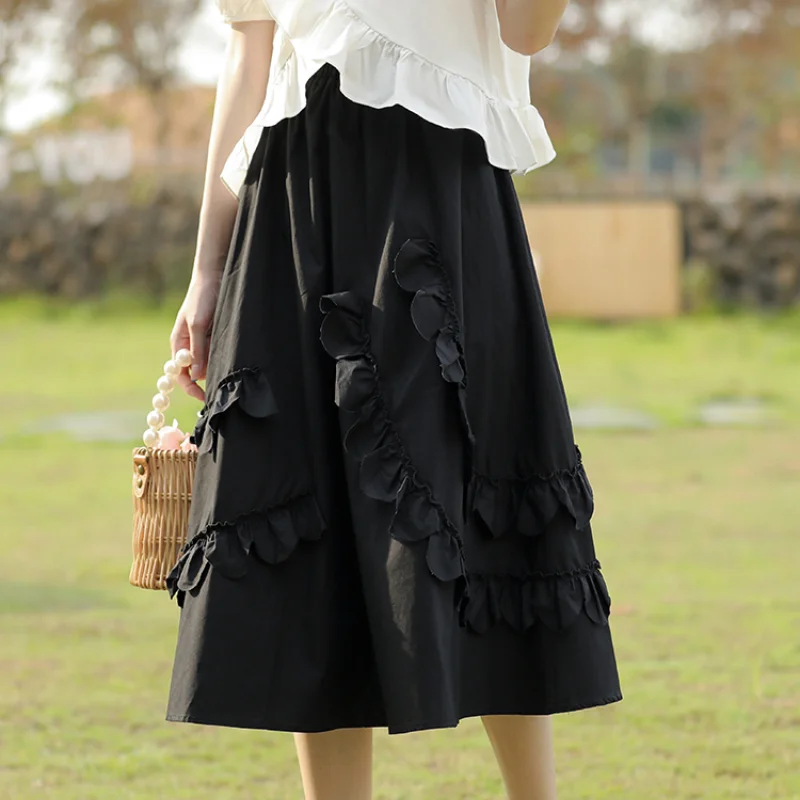 

New Design Sense Niche French Mid-length High-waisted White Black A-line Skirt Female Summer Thin Section Dress Ruffle Stitching