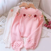 2020 winter girl japanese sweet embroidered flower salt gentle sweater lantern sleeve knit top