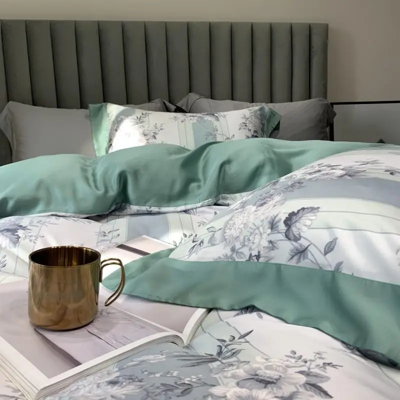 

J 100% Pure Silk Bedding Sets Plant Pattern Home Textile King Queen Size Bed Set Bedclothes Duvet Cover Flat Sheet Pillowcases