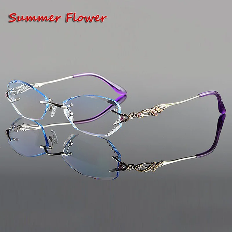 Luxury Tint Lenses Myopia Glasses Reading Glasses Diamond Cutting Rimless Prescription Glasses for Women