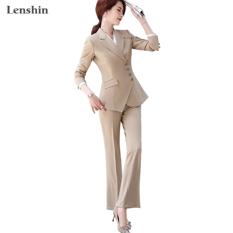 Lenshin High-quality Women Suits Two Pieces Four Button Asymmetry Pant Suit Fashion Office Lady Blazer and Flare Trouser