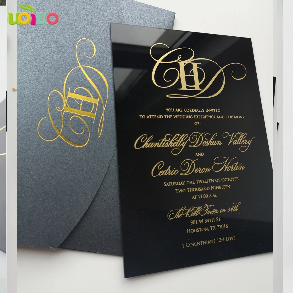 black acrylic card with gold foil letters free name logo