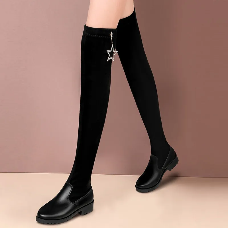 New Over-the-Knee skinny sexy high-heel boots winter knitting Round Toe velvet warm women's boots women thigh high flat boots