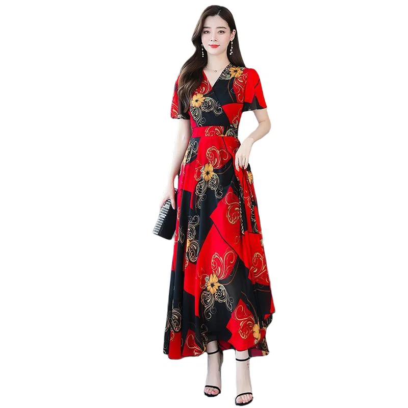 

Summer New Women's Dress Plus Size3XL Ice Silk Printing Long Dresses Female Korean Short-Sleeved Over The Knee Spring Lady Dress