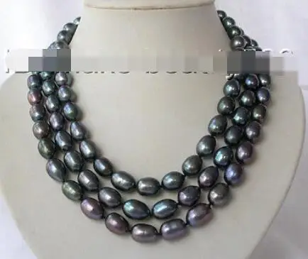 

stunning 3rows big 8-9mm baroque black freshwater cultured pearl necklace