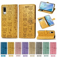 leather wallet flip phone cover cartoon dog and cat patten tpu case for sharp aquos r5g sense 3 4 lite simple sumaho 5