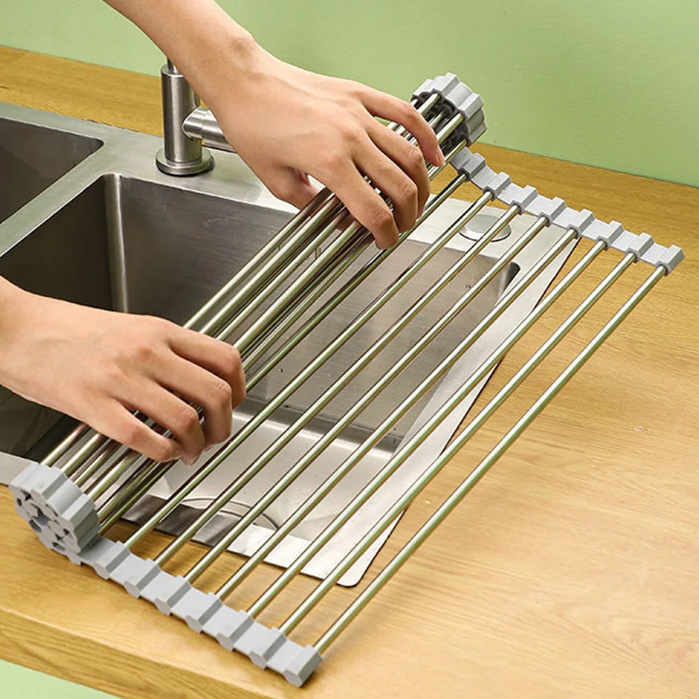 

Kitchen Stainless Steel Foldable Drainer Over The Sink Dish Dry Rack Roll Up Large Silicone Rinsing Multipurpose Heat ResistantO