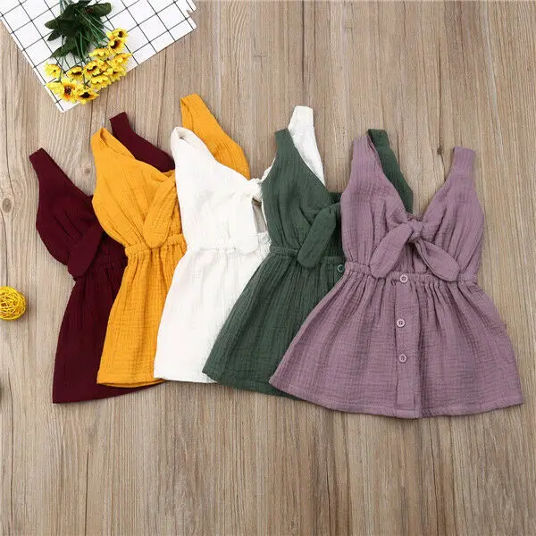 Fashion Toddler Summer Baby Girl Dress Cotton Linen Button Solid Color Sleeveless Party Sundress | Детская одежда и обувь