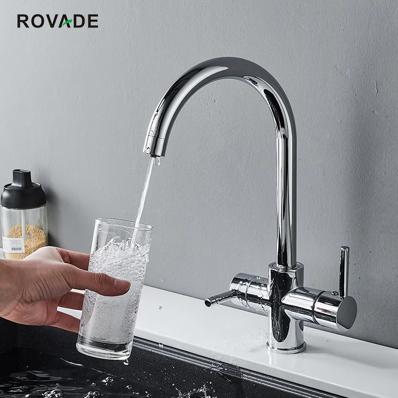 

ROVADE 3 way Filter Kitchen Faucet, Brass Torneira Sink Mixer Tap 360 Rotation with Water Purification Features Kitchen Crane