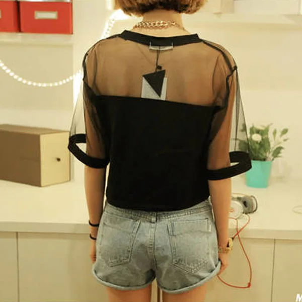 Сетчатый прозрачный топ в стиле пэчворк женская элегантная футболка Корейском с