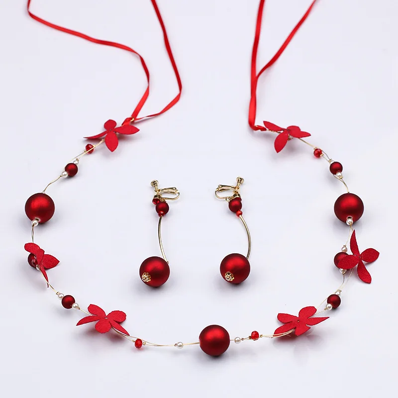 Simple Bridal Crystal Pearl Red Flowers Tiara Fashion Women Headband Lace Hair Jewelry Set Gift Wedding Dress Accessories gala | Украшения