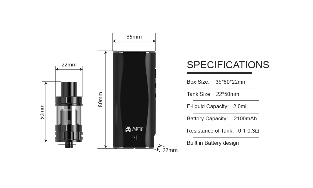 Электронная сигарета испаритель ручка 2100 мАч Vaptio P1/PALO комплект с 50 Вт встроенный аккумулятор 2,0 мл распылитель подходит 510 резервуар с резьбой